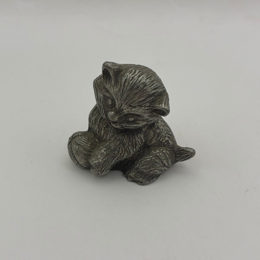 Vintage Miniature Pewter Kitten Figurine Cat with Yarn Ball Tiny Metal Statue